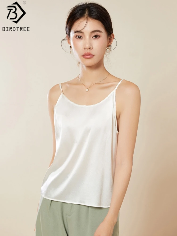 Birdtree, 93% Real Silk 7% Spandex Tank Top, Women's Elastic Satin Solid Tops, Sleeveless Sling Vest, 2026 Spring New T61016JF