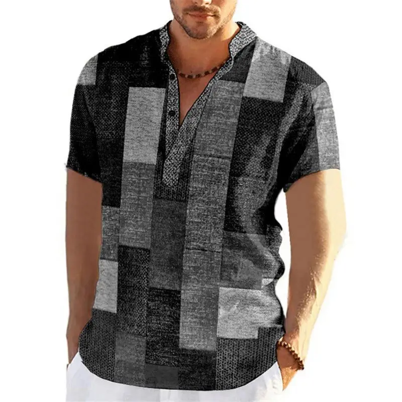 Vintage Patchwork Color Block 3D Print Henley Shirts Men's Fashion Stand Collar Short Sleeve T Shirt Male Tees Tops Man Clothing image 2