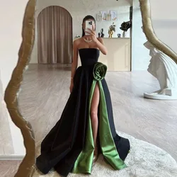 Multi Colored Black And Green Long Split Evening Dresses With Handmade Flower A-line Satin Formal Party Dress