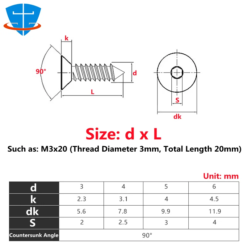 M2 M2.6 M3 M4 M5 M6 Black 8.8 High Hardness Countersunk Head Hex Hexagon Socket Self-Tapping Screws Flat Head Allen Audio Screw