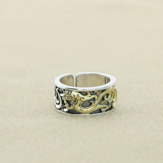 

Punk retro cool dragon year index finger ring 925 sterling silver male niche high class national style China-Chic adjustable