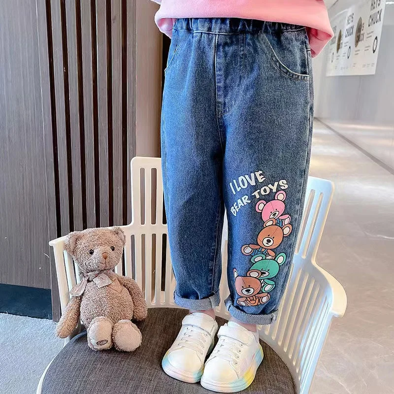 Spring And Autumn Girls Jeans New Pattern Fashion Girls BabyGirl child jeans Loose Casual Pants Cartoon Jeans Bear 2024 New Kids