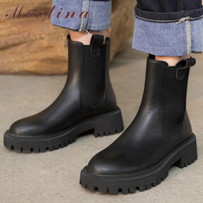 

Meotina Women Shoes Genuine Leather Chelsea Ankle Boots Thick Med Heel Round Toe Ladies Fashion Short Boot Autumn Winter Black