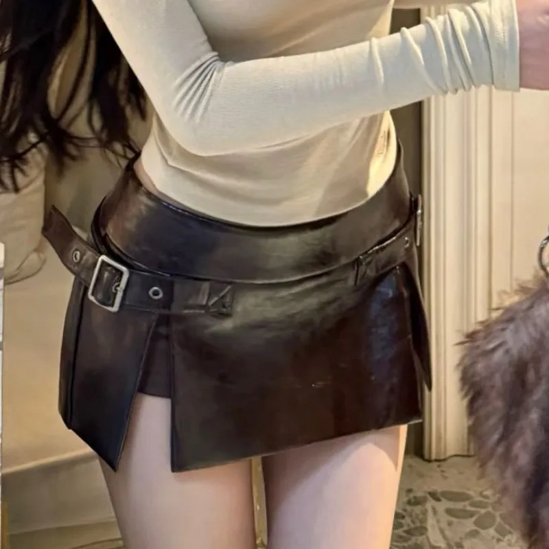 Retro Black Spice Girl Mini Skirt Low Waist Split Fork PU Leather Skirt