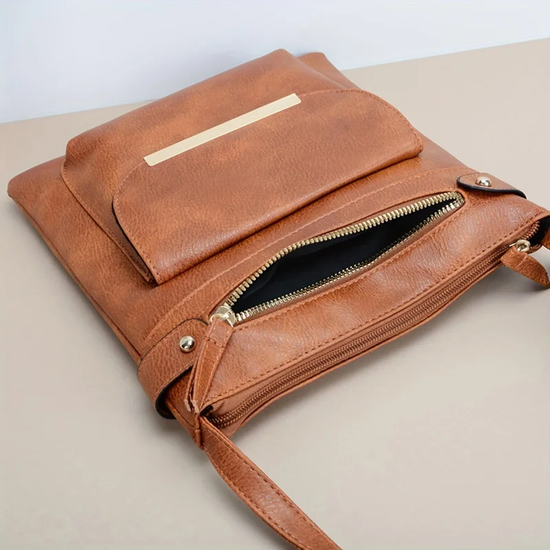 Vintage Solid Color Crossbody Bags For Women, Pu Leather Textured Shoulder Bag Lady Handbags And Purses