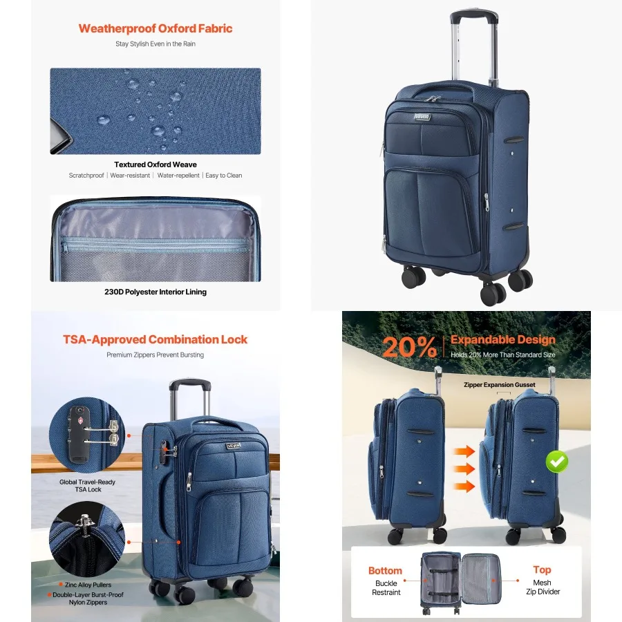 

20Inch Softside Expandable Lage with Spinner Wheels Carry on Suitcase Blue