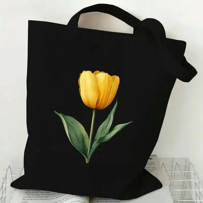 Bolso de mano de lona negra con flor de manzanilla, elegante bolso de hombro informal para ir de compras, uso diario y regalos, bolso de compras
