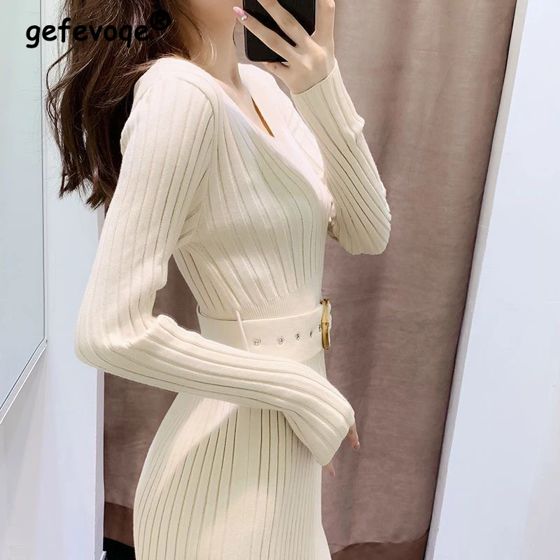 

Women's Fashion Elegant V Neck Ribbed Bodycon Knitted Dresses Female Solid Long Sleeve Slim Basic Midi Dress High Waist Vestidos