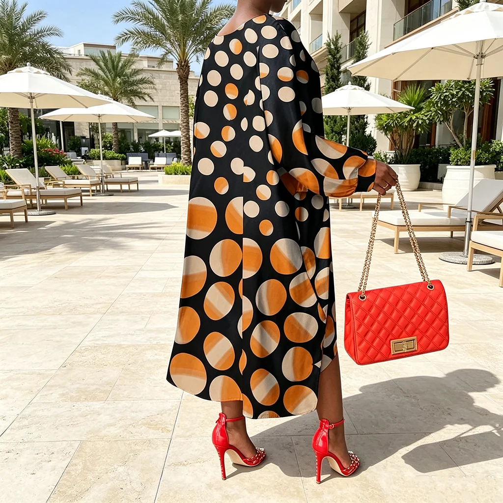 Women Plus Size Polka Dot Midi Dress Long Sleeve Oversized Batwing Asymmetrical Hi Low Hem Casual Beach Vacation Dress Ladies Lo