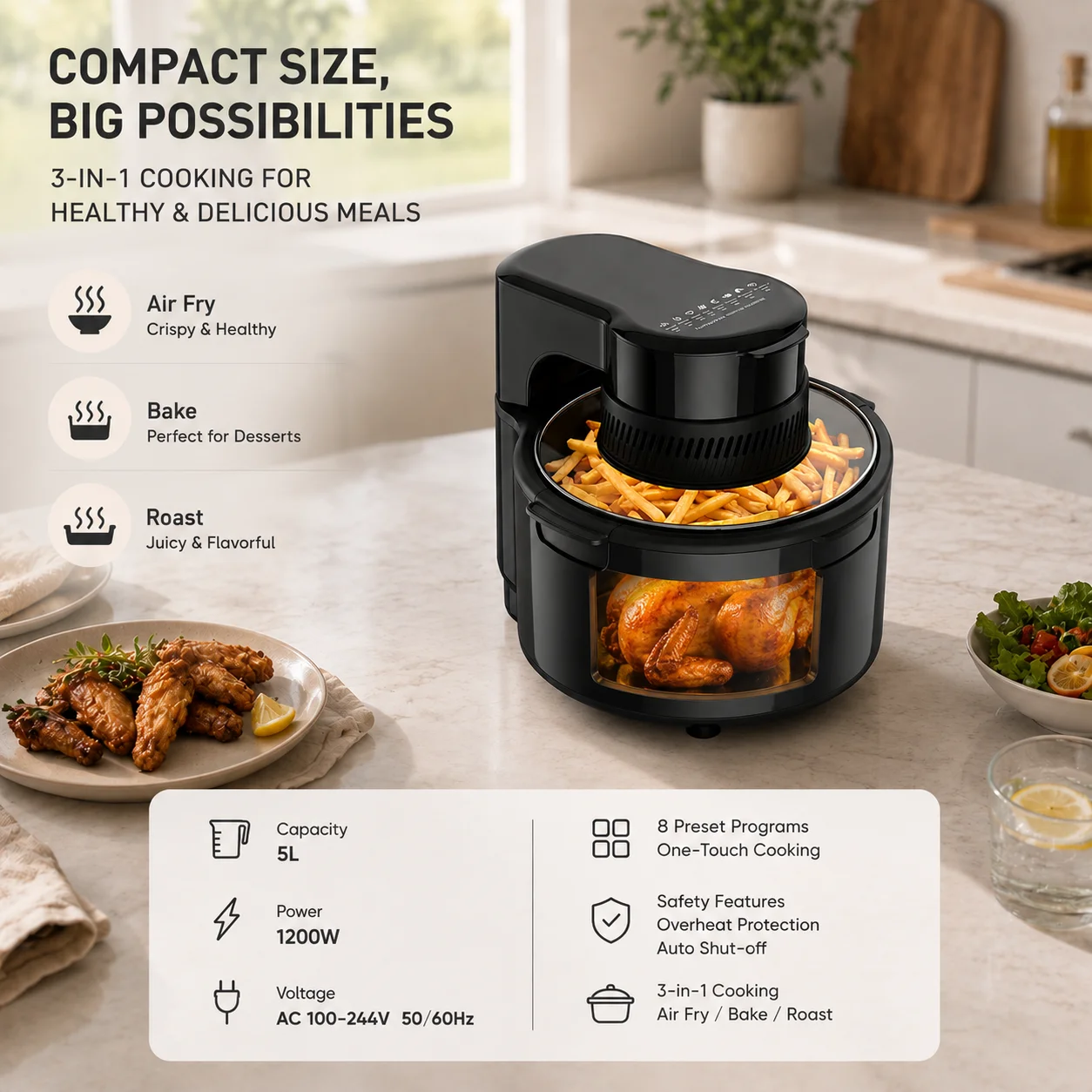 Friteuse à air 5L avec fenêtre en verre transparent, lumière LED, 1200W, 8 préréglages, antiadhésive, 80% moins d'huile…