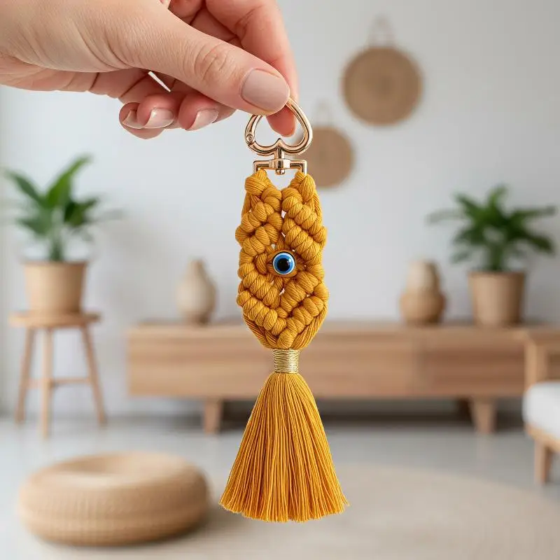 Macrame Eye Keychain Vintage Boho Hand Woven Tassel Bag Charm Ethnic Style Key Ring for Bohemian Lover Gift Accessory