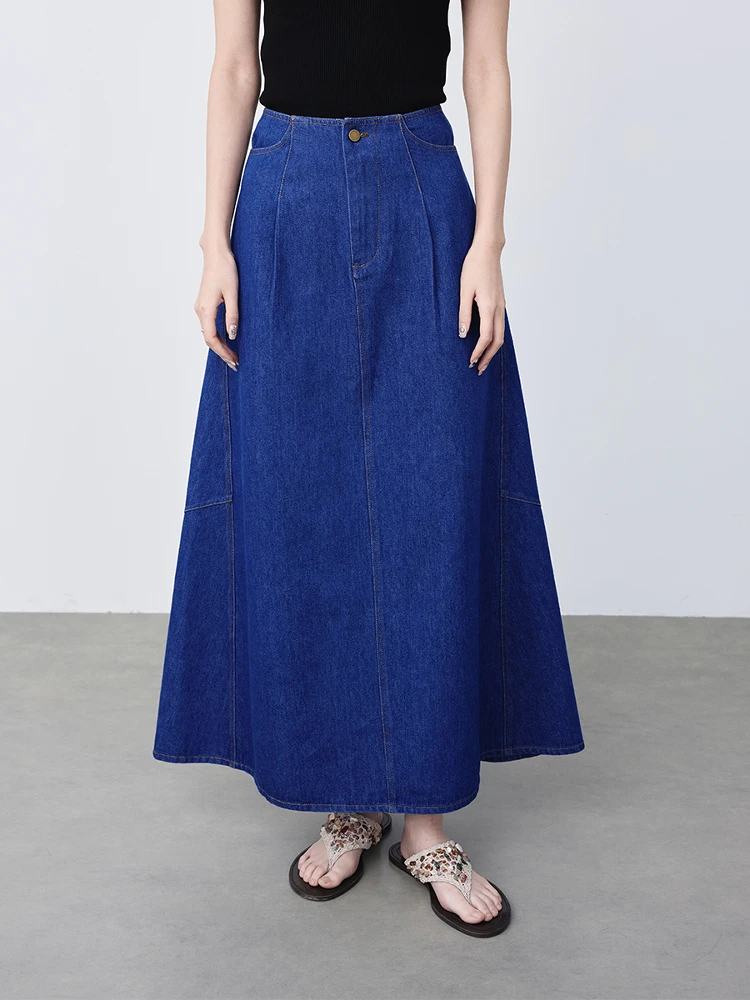 

Синяя джинсовая юбка трапециевидной формы с высокой талией и широкими штанинами, длинные летние модные винтажные хлопковые повседневные юбки-миди для женщин