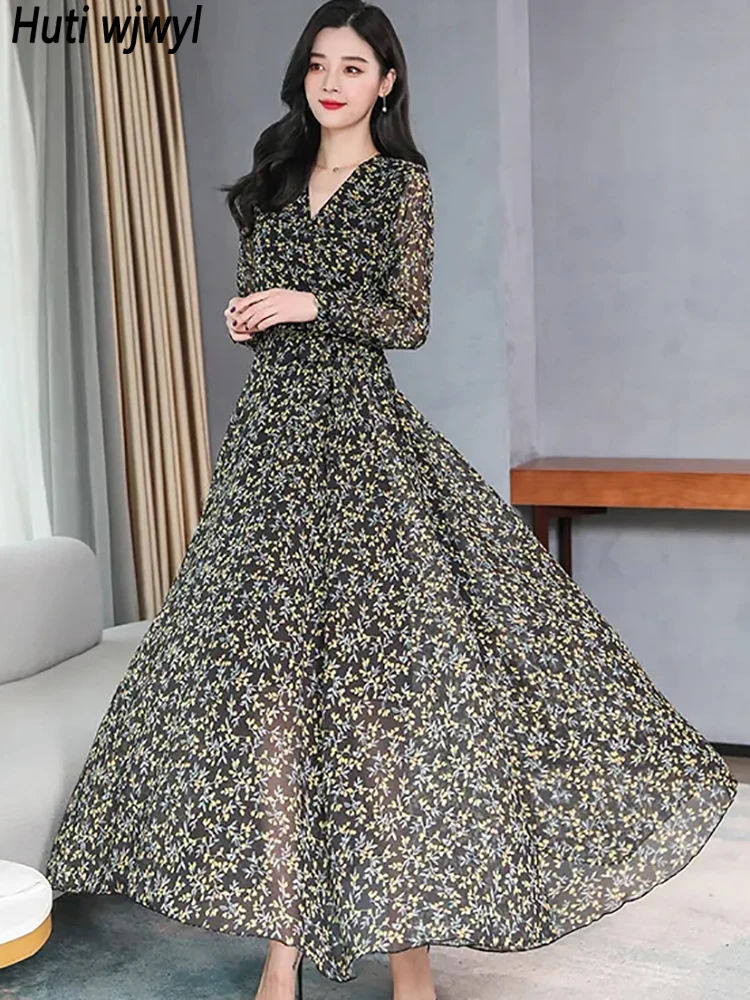 

2024 Black Floral Chiffon Long Sleeve V-Neck Dress Spring Autumn Casual Maxi Robe Women Vintage Korean Elegant Party Night Dress