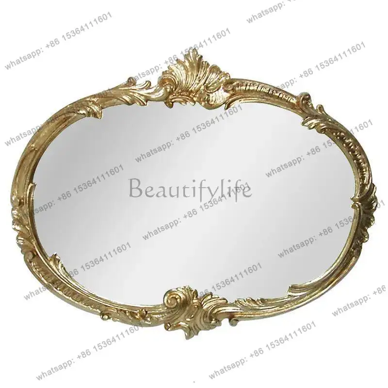 

French light luxury decoration fireplace mirror gold border carved wall hanging toilet mirror