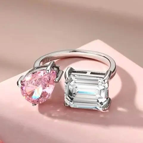 

925 Sterling Silver Two Stones Ring Solid Ring Crushed Ice Pear Cut and Emerald Cut Top Quality Cubic Zirconia Jewelry Factory