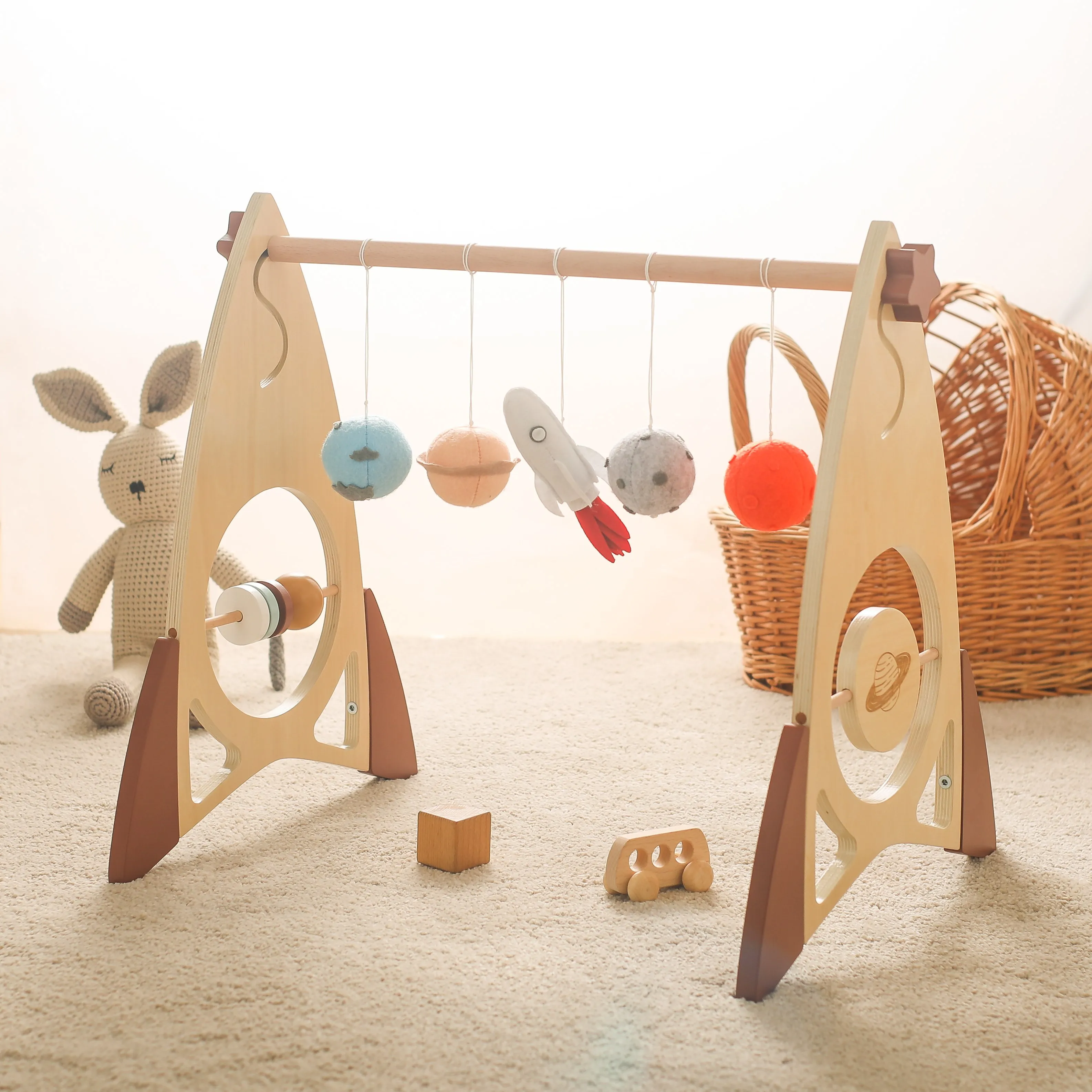 Baby Rocket Wooden Play Gym Mobile Rocket Rattle Activity Toys Hanging Sensory Toys Foldable Play Gym Frame Room Decorations Toy