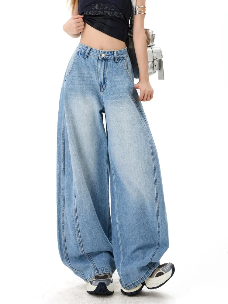 Women's Casual Light blue Curved Jeans Y2K Streetwear 2026 Spring Fashion Loose High Waist Splice Denim Panst Female