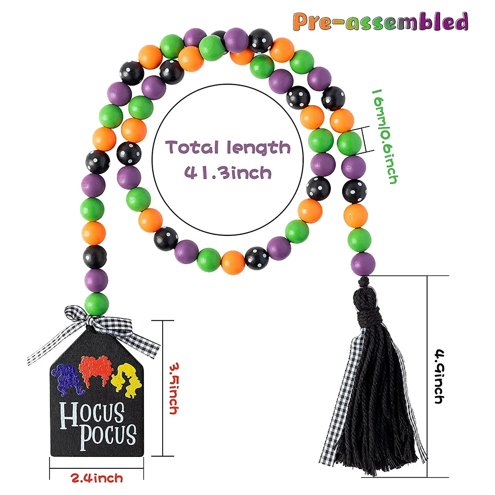 41.3 Inches Halloween Wood Bead Garland with Tassel Tag Farmhouse Wood Beads Natural Fall String Hanging Decor