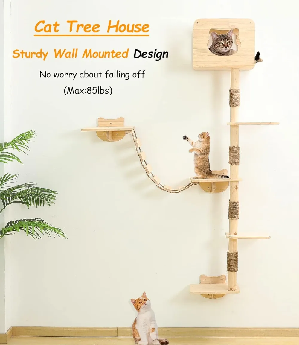 Cat Tree House with Hammock Wall Mount Cat Shelf Climbing Tall Activity Tower Solid Wood Indoor Cat Wall Furniture 75 Inch