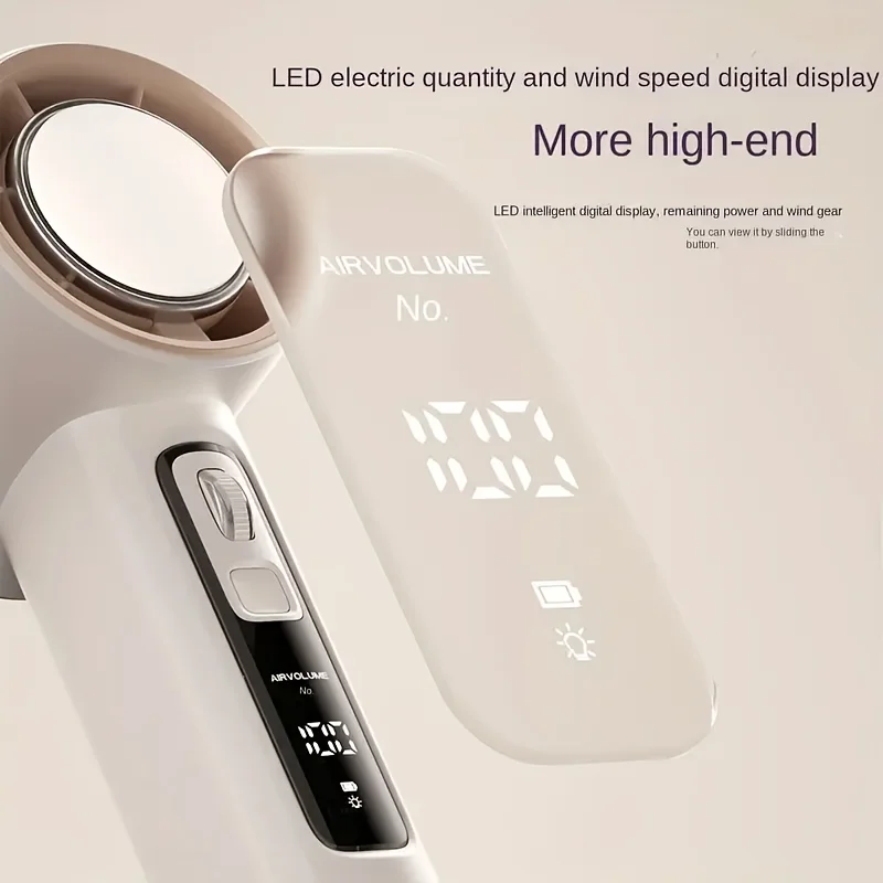 Hoge snelheid handventilator, 100 snelheidsinstellingen, batterij-indicator, LED-zaklamp, draagbare kleine buitenventilator met oplaadbare batterij