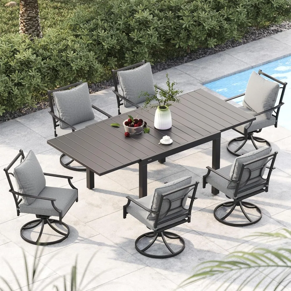 

7-Piece E-Coated Outdoor Patio Dining Set,Swivel Chairs with Olefin Cushions,Extendable Rectangular Table,Garden Furniture Sets