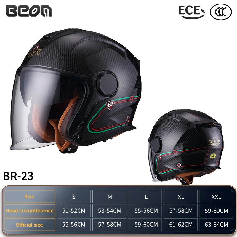 

BEON BR-23 Carbon Fiber Motorcycle Electric Car Helmet, Men's and Women's Ultra Light 3/4 Helmet Dual Visor