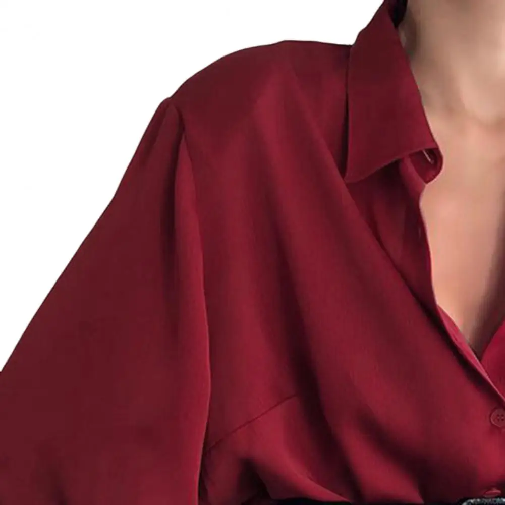 Women Button Blouses Turn Down Collar Shirts Office Lady Long Sleeve Casual Blouse Loose OL Shirt Baggy Tops Red/Wine Red /Black