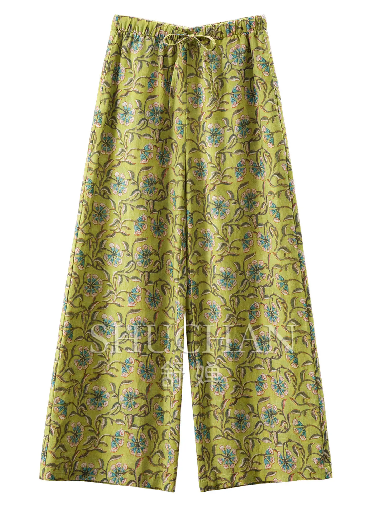 SHUCHANT pants Comes with Cool Feeling Lyocell Linen Art Flower Plan Straight Wide-leg Trousers Women 69L1