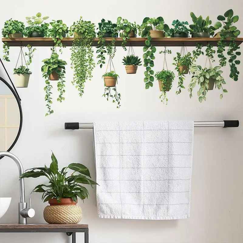 Hanging Green Potted Plants Wall Decal Vivid Print No Damage Wall Sticker for Home Office Dorm Bedroom Wall Decor