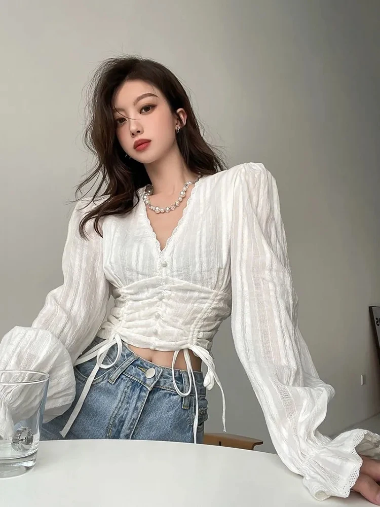 

Новая женская укороченная блузка с пышными рукавами в стиле Y2K, летняя, свободного кроя, с V-образным вырезом на шнуровке, в корейском стиле, для офиса, с драпировкой, универсальная, рубашка