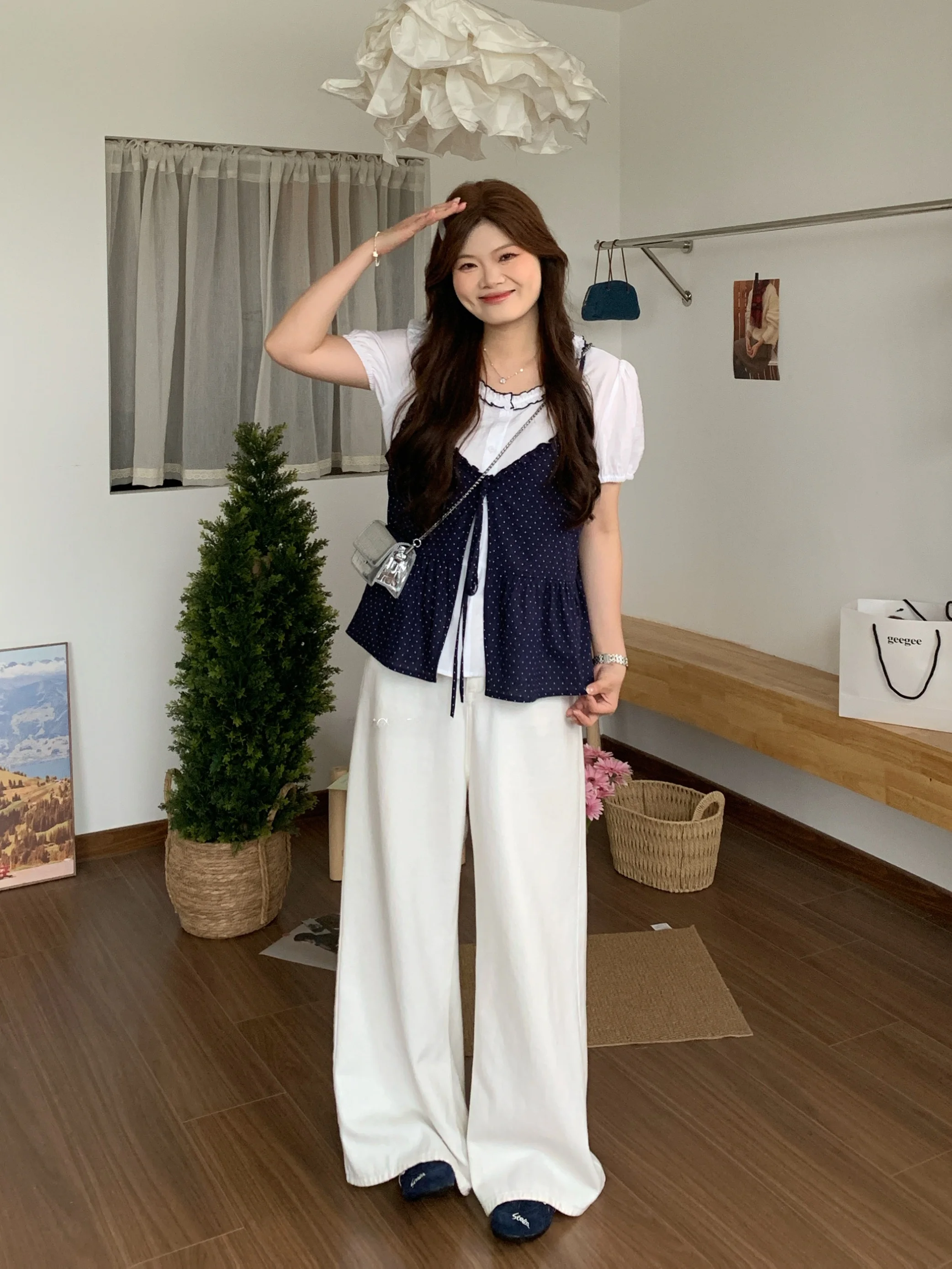 

Sweet Summer Shirt Set for Plump Women Korean Style Polka Dot Wood Grain Two Piece Suite Casual Work Home Date Wear