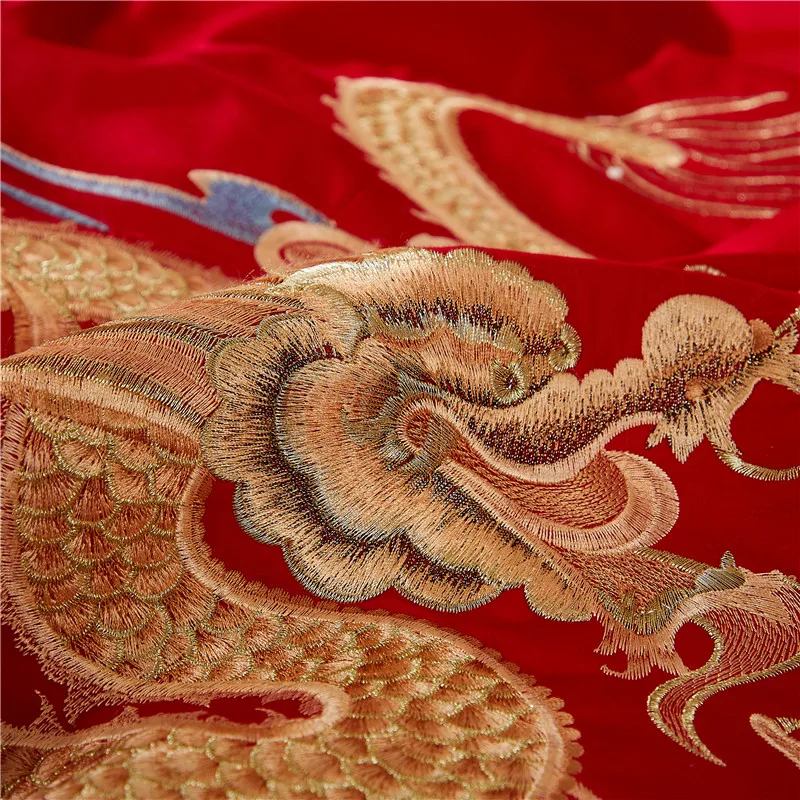 Red Chinese Wedding Bedding Set Luxury Golden Loong Phoenix Embroidery Duvet Cover Egypt Cotton Bedclothes Bed Sheet Pillowcase