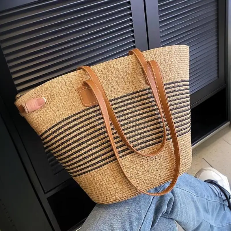 Damen-Sommer-Inswind-Stroh-Umhängetasche mit großem Fassungsvermögen für Strand, Reisen, Urlaub, täglichen Gebrauch, Einkaufen, Pendeln und kurze Ausflüge – Detail 11