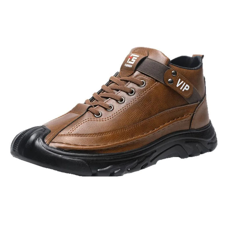 Retro Trend Men's Cotton Shoes Outdoor Casual Sports Shoes Leather Warm and Fleece Lightweight Boots in Thick-soled Work Boots