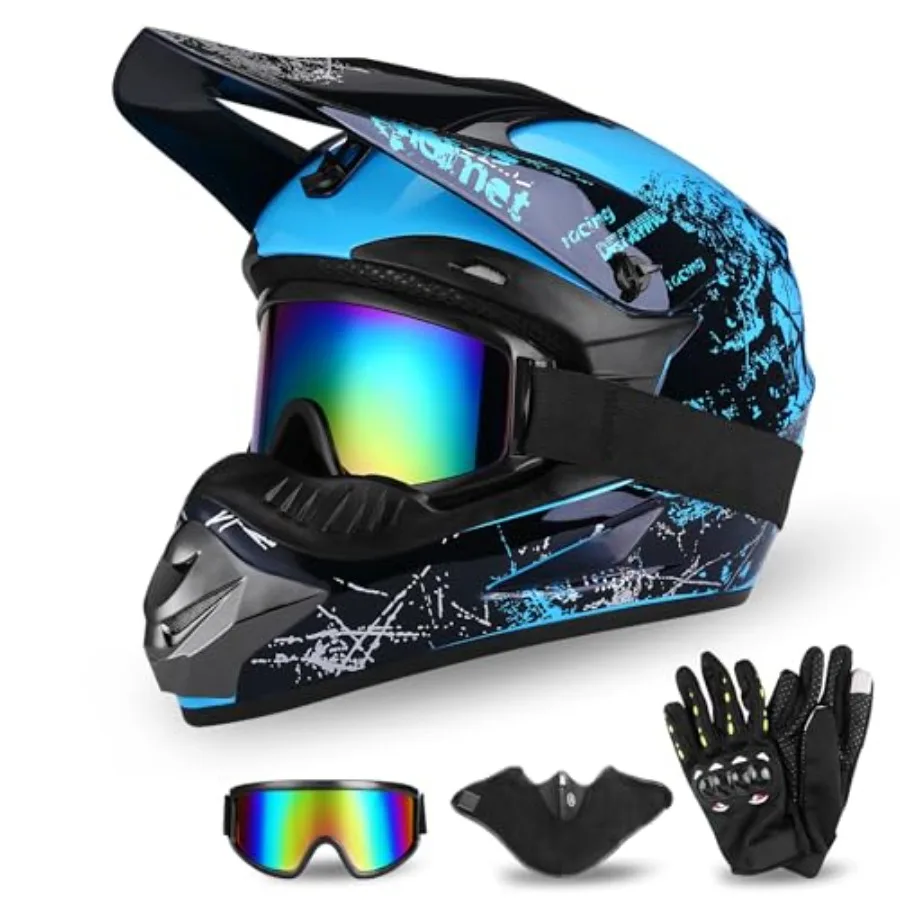 

Full Face Dirt Bike Helmet DOT Certified - Complete Adult ATV Helmet Kit with Goggles Gloves and Mask Adjustable Visor Quick Re