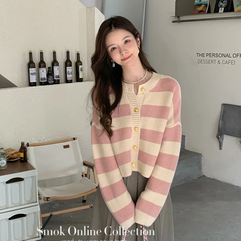 Striped Y2K Women Cardigan Korean Sweet Knitted Retro Long Sleeve Female Sweater Fashion Loose Casual Elegant Ladies Crop Top