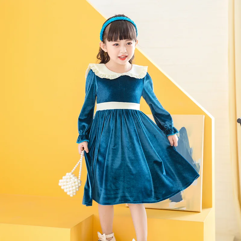 

2023 New Teen Girls Velvet Dress Long Sleeve Elegant Casual Knee Length Baby Dresses With Belt Children Clothes Spring Fall 2023