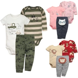 Calças e Bodysuits de Algodão do Bebê Recém-nascido, Roupas Bebé Menino, Conjuntos de Roupas Desenhos Animados, Macacão Menina, 0-24 Anos, 3Pcs, Verão