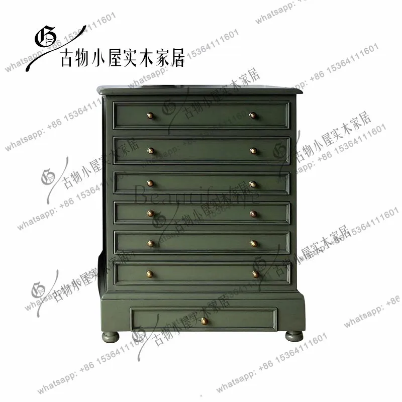 French light luxury green seven-chest cabinet/neoclassical solid wood storage multi-functional storage cabinet/custom