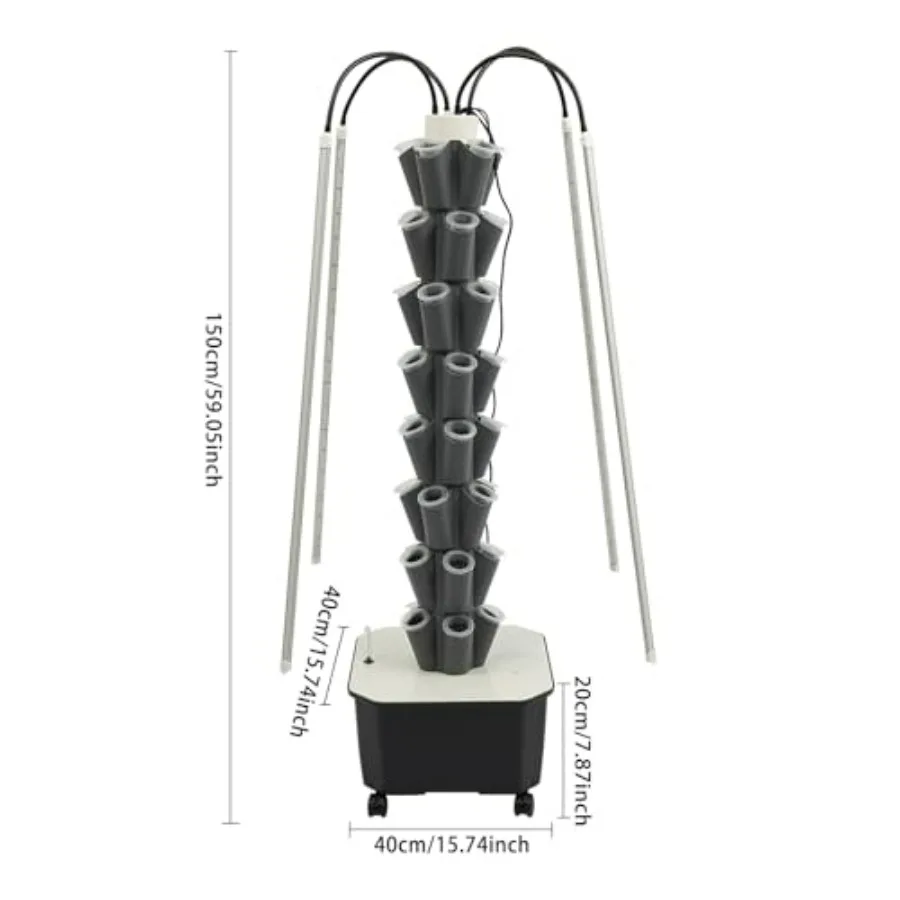 Hydroponic Tower for indoor gardening, food-grade plastic, white, 40-plant capacity with integrated LED grow light and self-wat