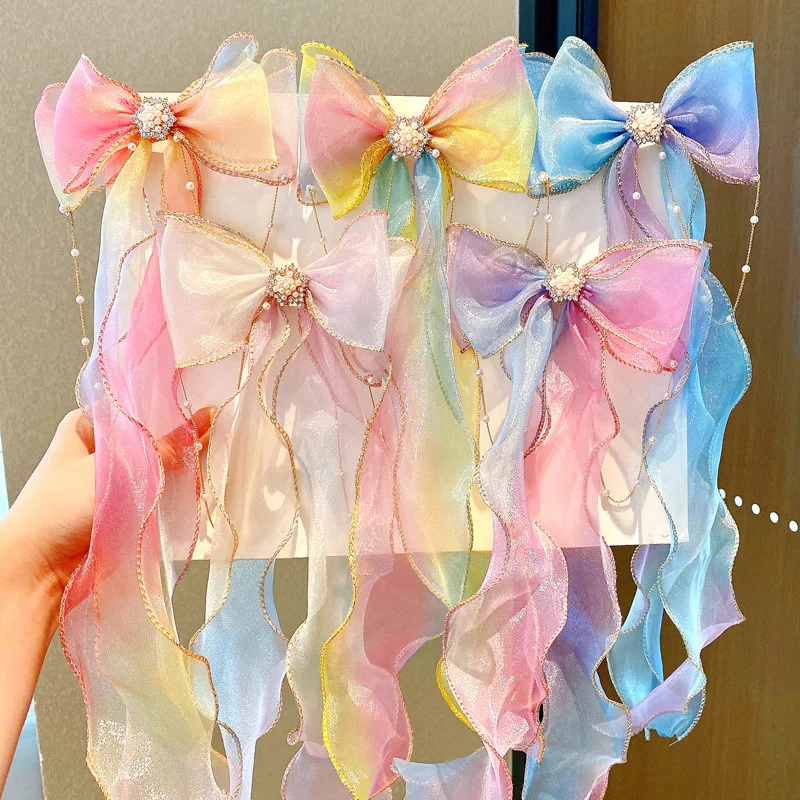 Princess Girls Braided Hairpins Pearl Tassels Barrettes Gradient Ribbon Bow Hair Clip Children Streamer Woven Headwear Headdress