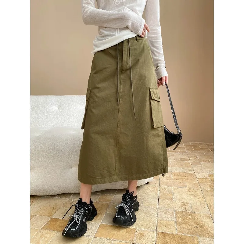 Women Casual Loose Drawstring Tooling Wind Skirt Spring Summer Pocket Straight Basic Khaki Black Female Long Skirt