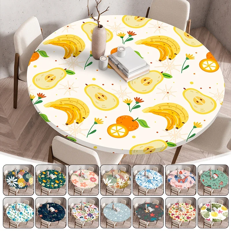 

60-120cm Waterproof Elastic Edge Tablecloth Pastoral Style Fruit Flower Design Coffee Tea Table Cover Outdoor Picnic Home Decor