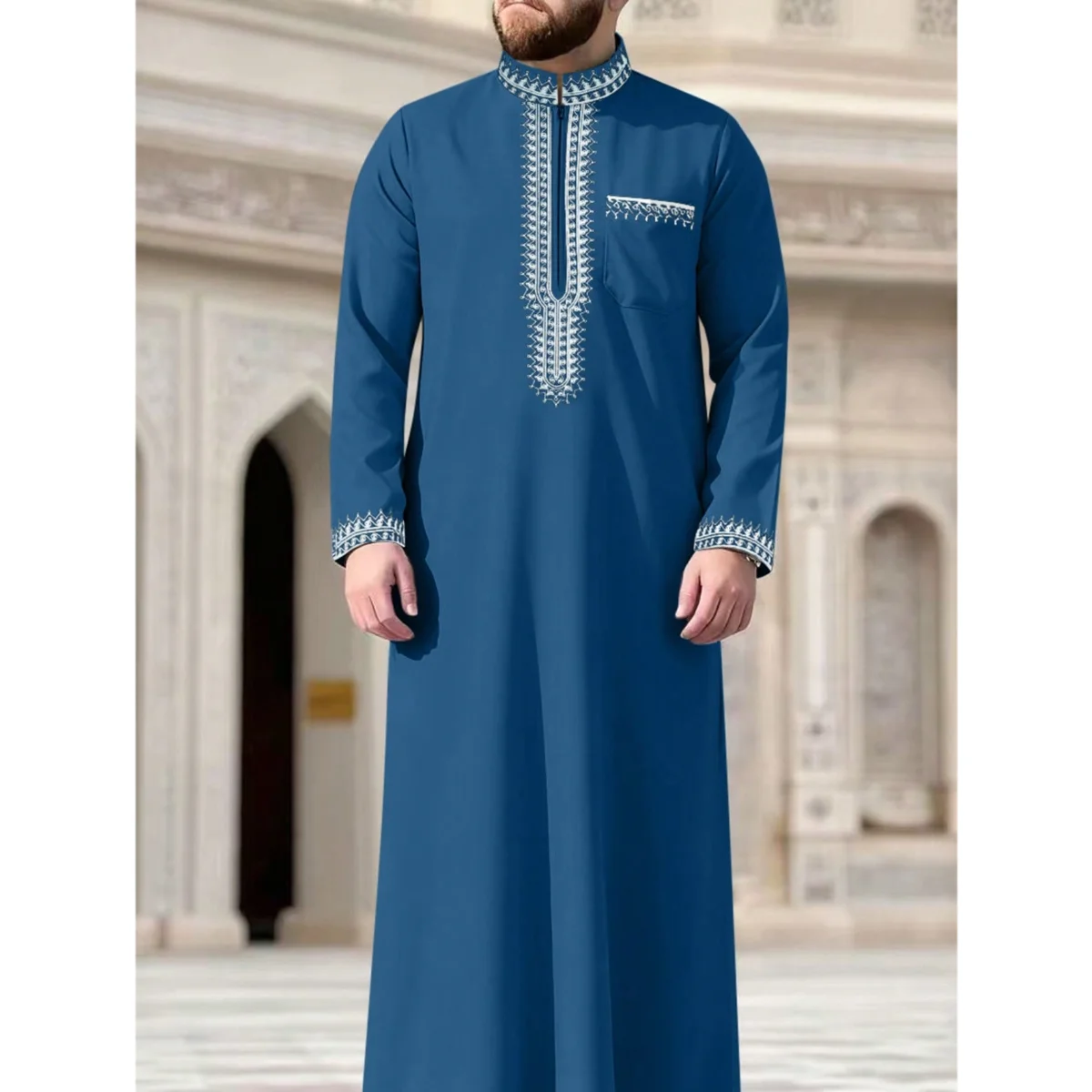 Muslim ethnic style men's long robe elegant casual loose vacation clothing hooded embroidered zipper luxurious men's long robe