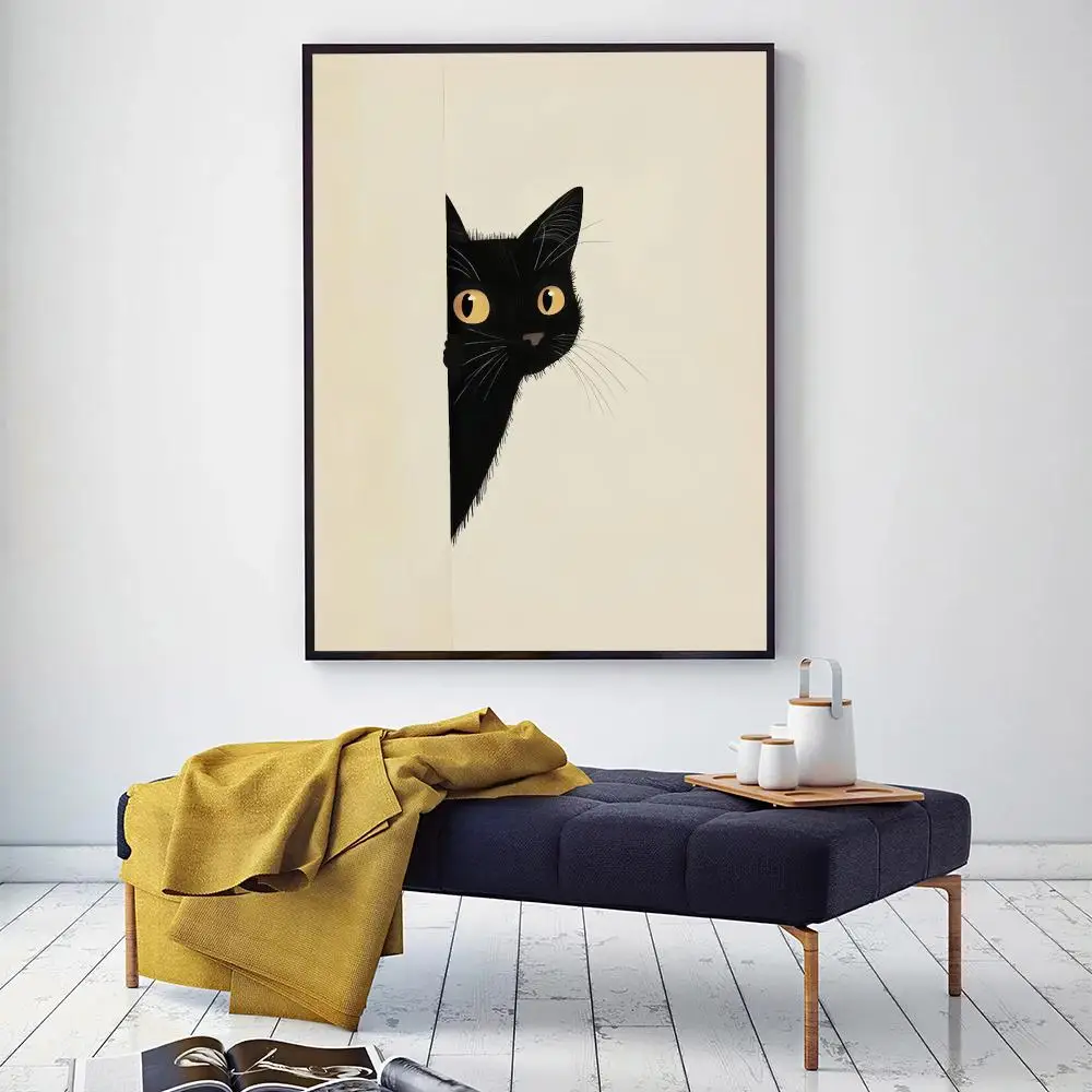 Abstract Black Cat HD Wall Art Poster Minimalist Boho Animal Sketch Neutral Earth Tones Modern Home Decor Bedroom Nursery Gift
