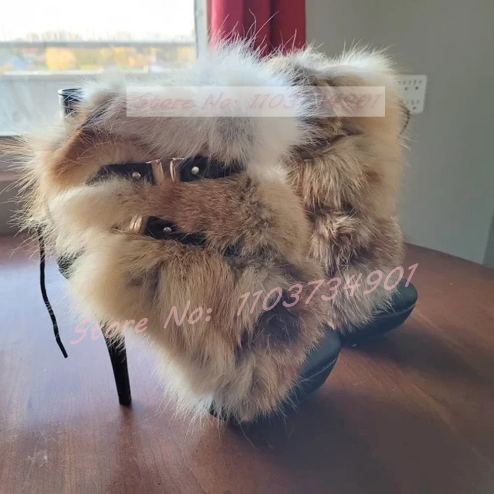 Real Fur Round Toe Belt Buckle Ankle Boots Women Sweet Fashion Platform Zipper High Heeled Shoes Lady Nifty Party Big Size Boots