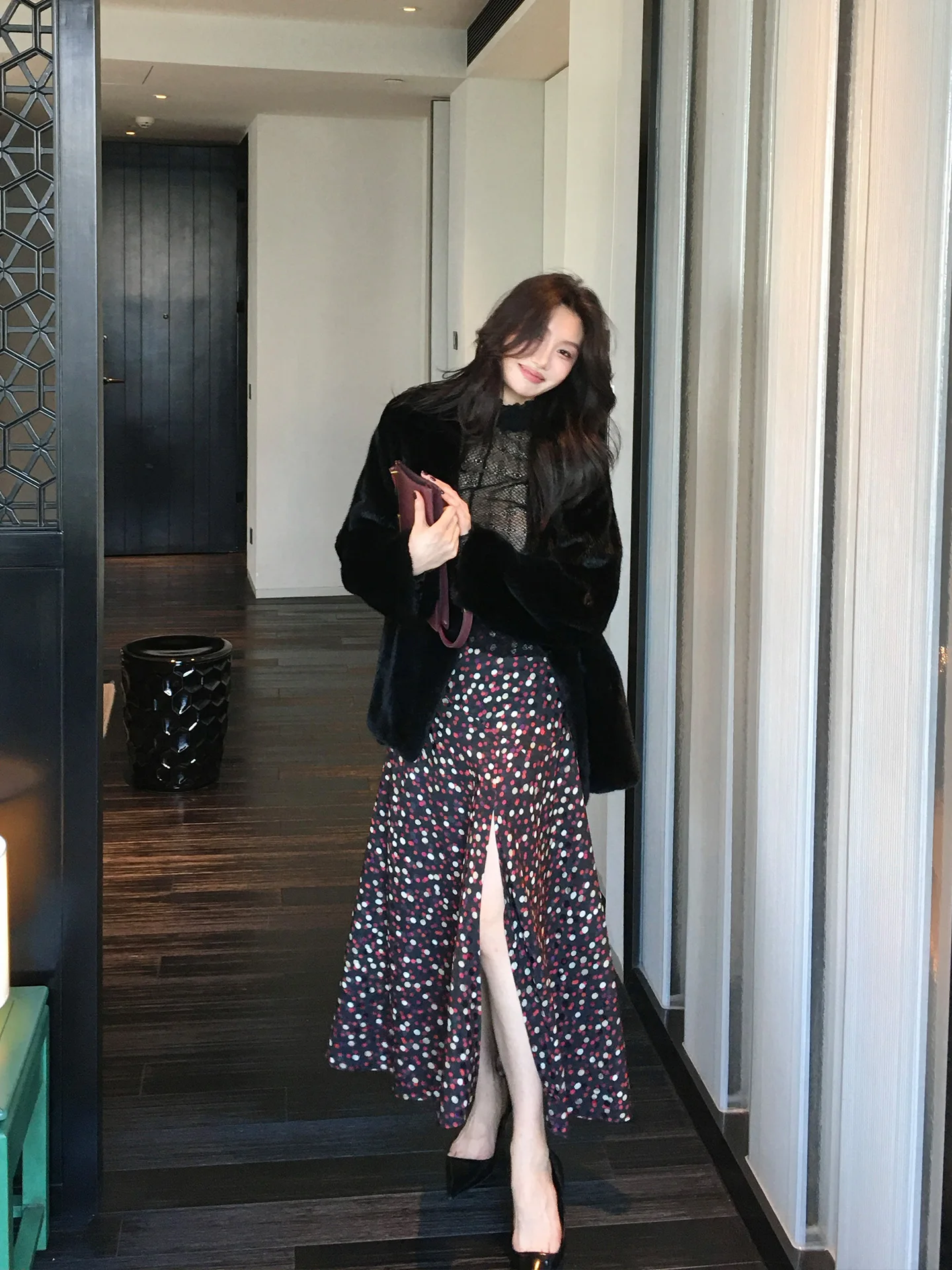 

Retro Aosphere Polka Dot Asymmetrical Slit High Waist Maxi Skirt Women's Faion Polyester Long Skirt J066