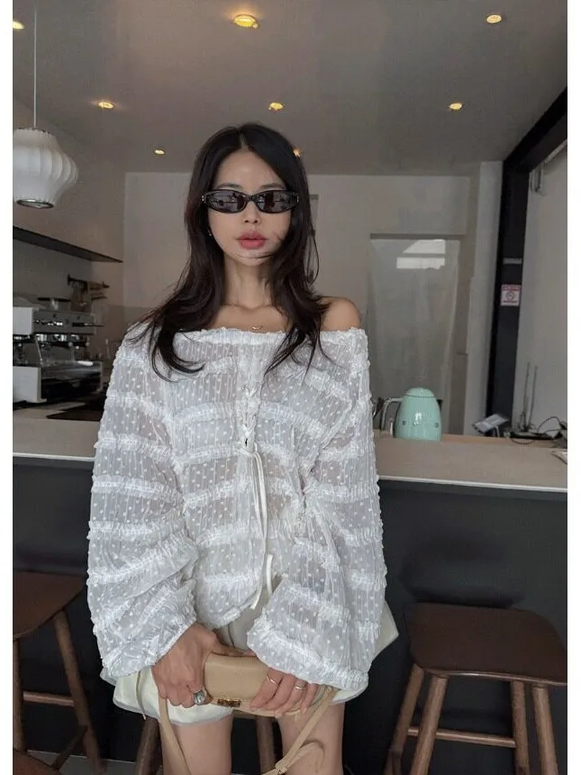 Women's Lace Trim Bell Sleeve Shirt One Shoulder Tie Drapey Chiffon Top Transparent Micro Autumn New Style Fashionable
