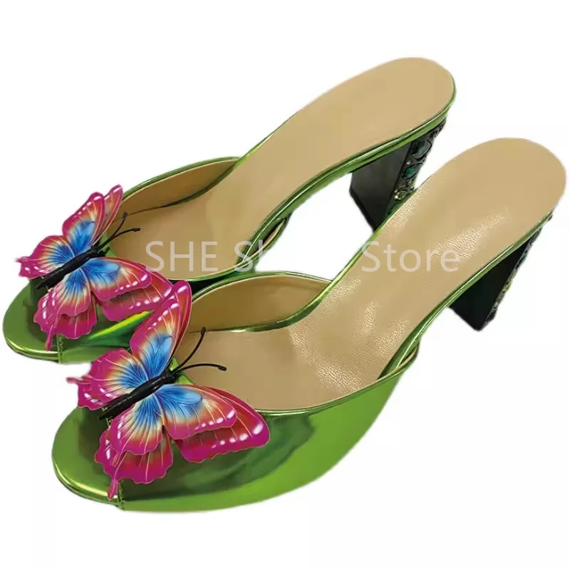 

Butterfly Decor Rhinestones Heel Slippers for Women Summer Leisure Shoes Peep Toe Hight Heel Slingack Pumps Ladies Sandals