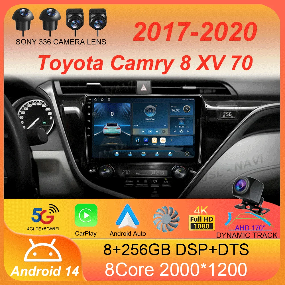 Автомобильный радиоприемник Android 14 Carplay Auto для Toyota Camry 8 XV 70 2017 2018 2019 2020, мультимедийный видеоплеер, навигация, GPS, стерео DSP